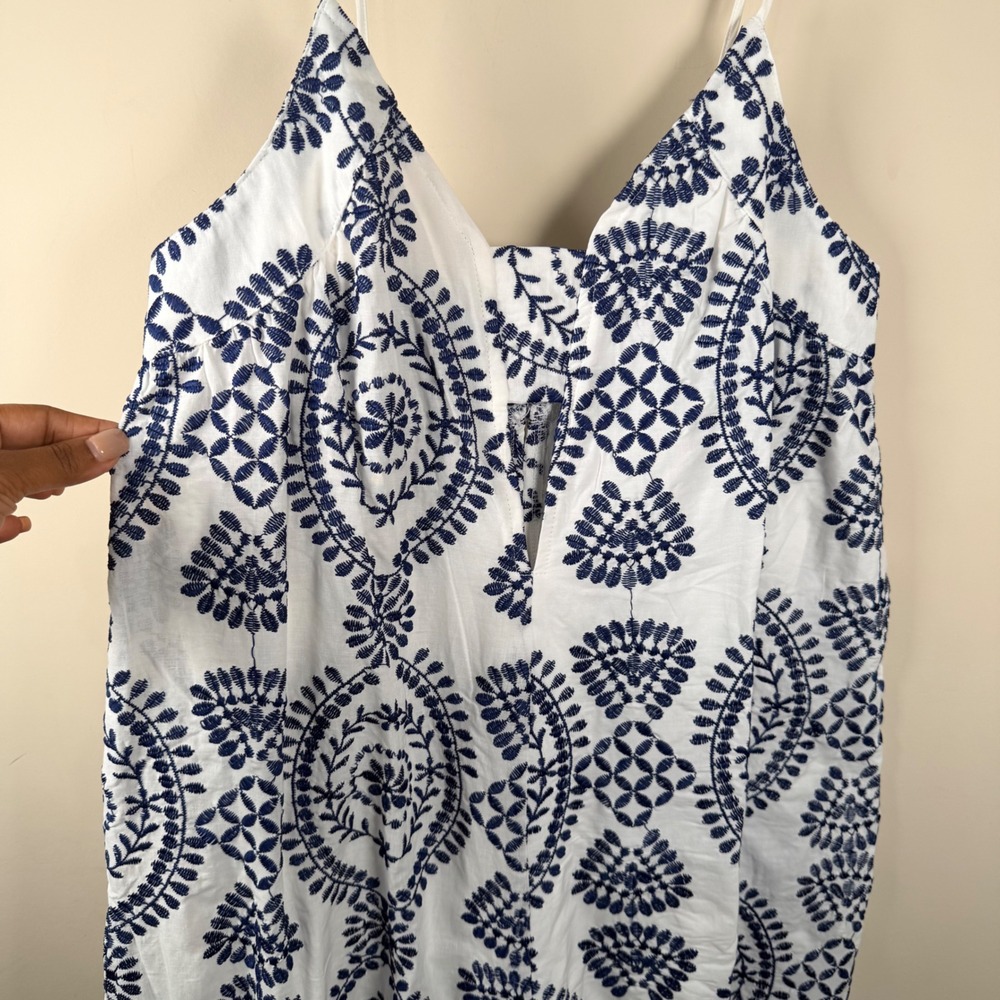 Blithe Los Angeles White Navy Blue Embroidered Wide Leg Jumpsuit Small NWT - Picture 3 of 8
